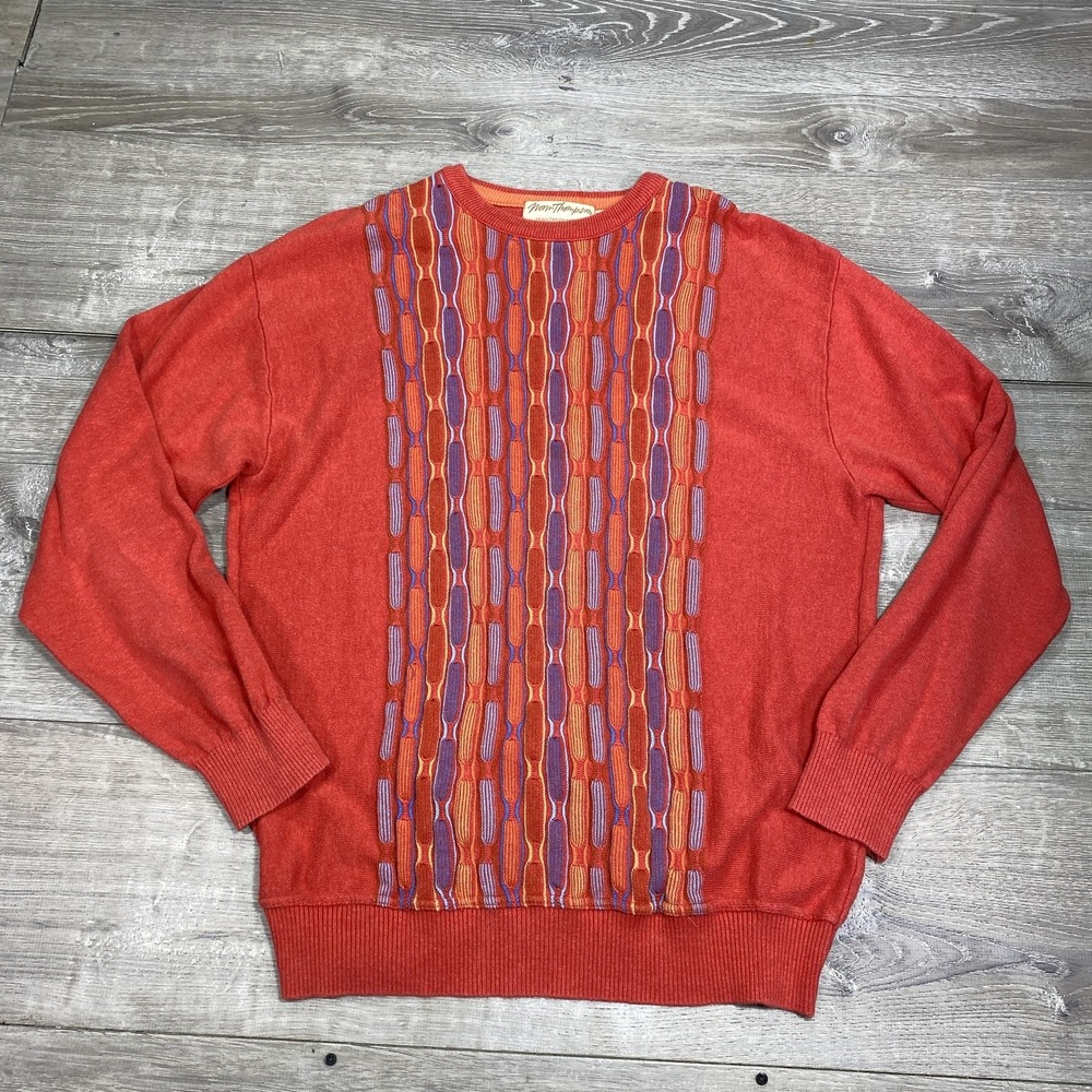 Norm Thompson Sweater Mens XL Red 3D Knit Textured Abstract Coogi Style Pullover